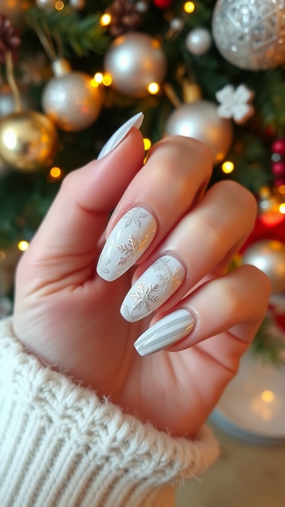 Elegant white and silver Christmas nail art with snowflakes and stripes on a festive background.